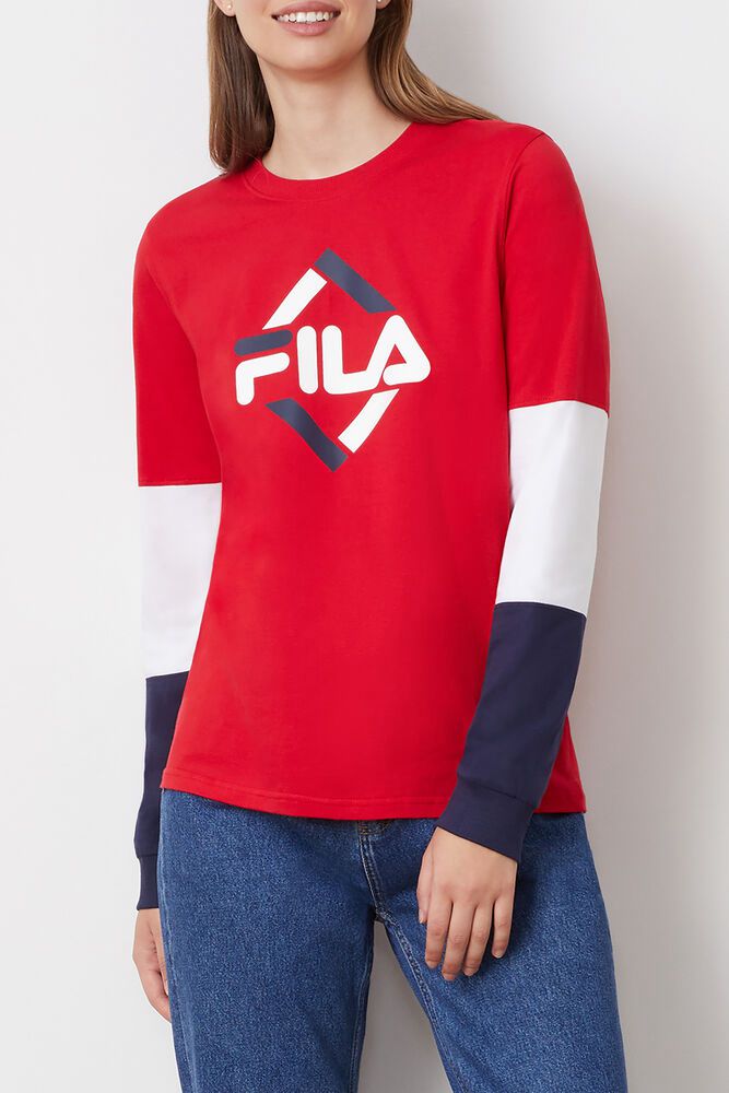 Fila Edwina Long Sleeve Red T-Shirt Womens - NZ 03284-JMZW